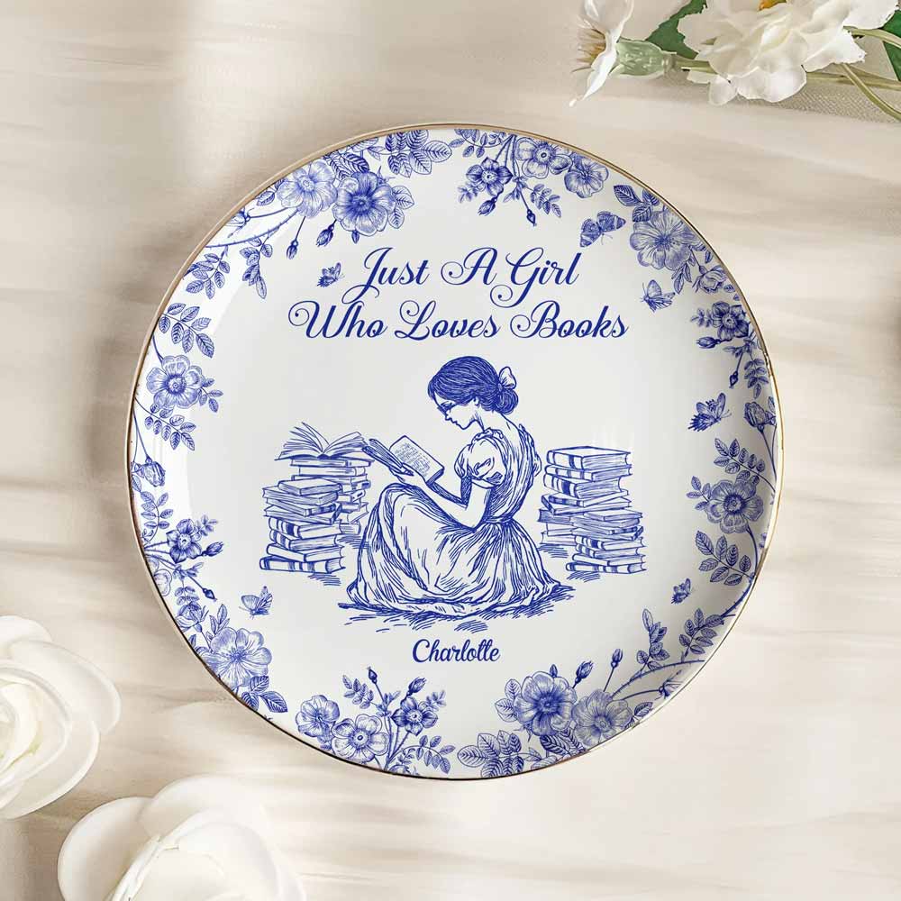 🎁 A Girl Who Loves Books Chinoiserie Toile De Jouy - Personalized Jewelry Dish