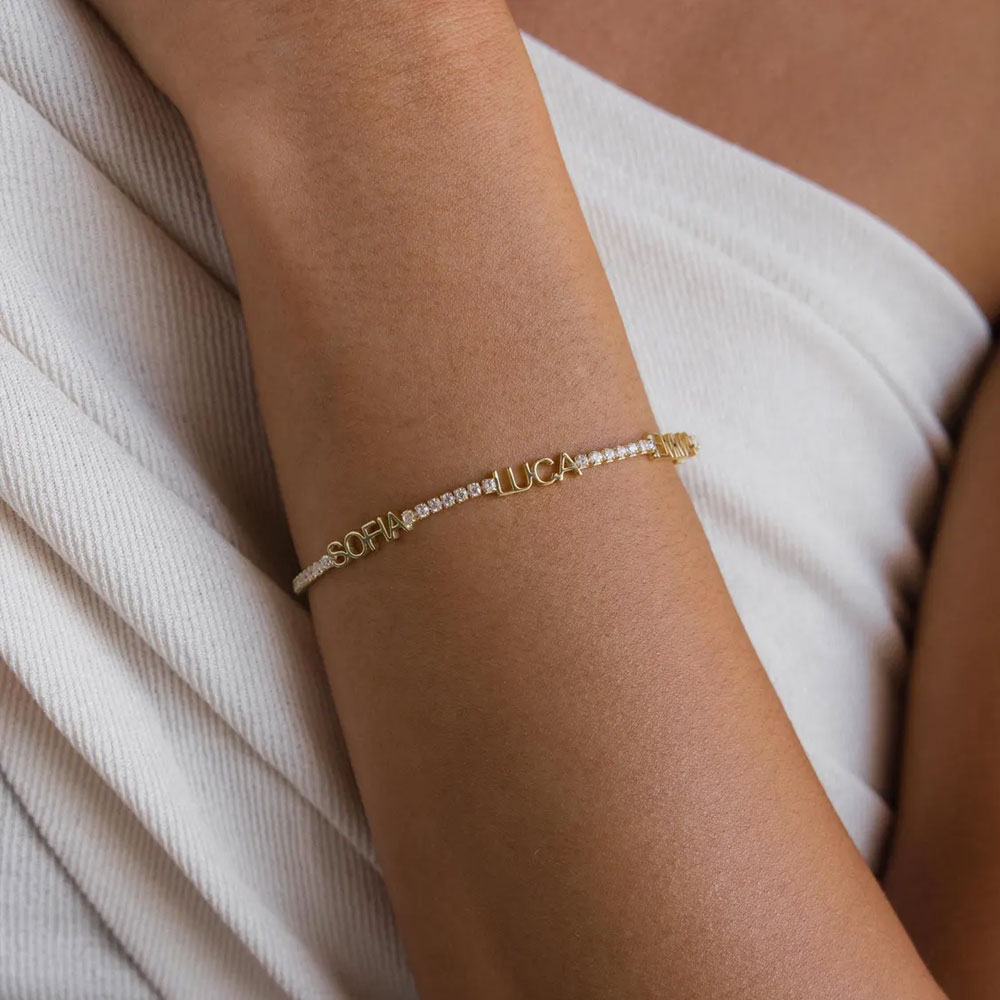 Personalized 1-4 Names Bracelet with Diamonds, Sterling Silver 925 Dainty Jewelry, Birthday/Game Day/Anniversary Gifts for Tennis Lovers/Players