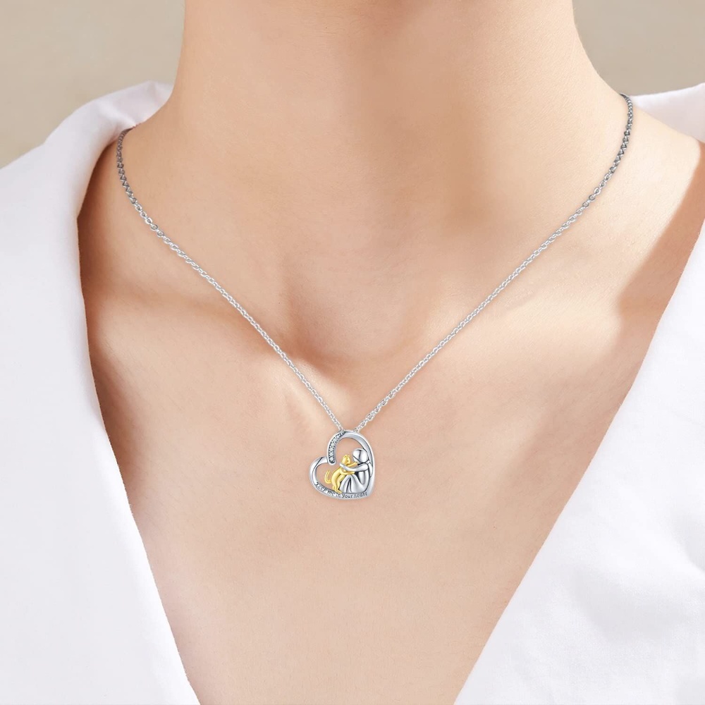 Embrace Cat Urn Necklace, Pure Silver Necklace, Set with Bicolor Square Zircon and Heart Shape, Suitable for Urns