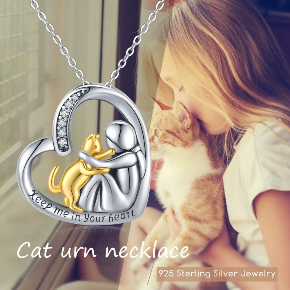 Embrace Cat Urn Necklace, Pure Silver Necklace, Set with Bicolor Square Zircon and Heart Shape, Suitable for Urns