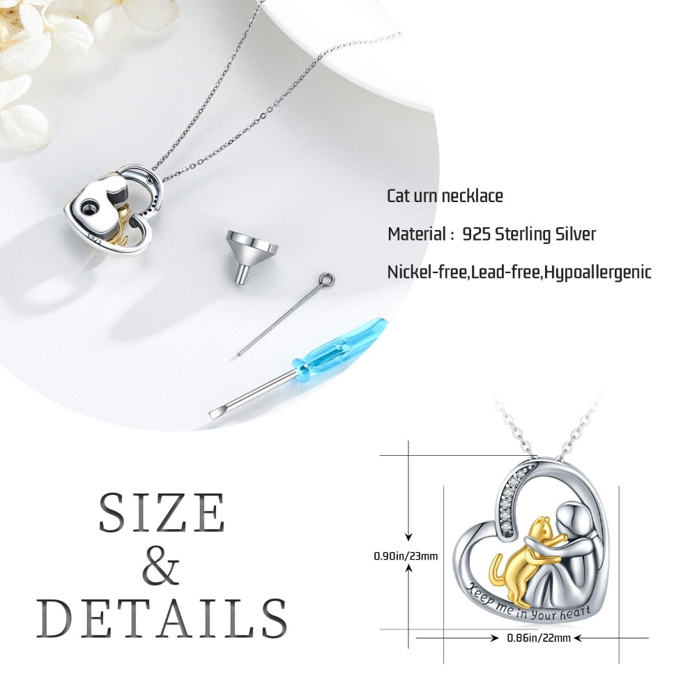 Embrace Cat Urn Necklace, Pure Silver Necklace, Set with Bicolor Square Zircon and Heart Shape, Suitable for Urns