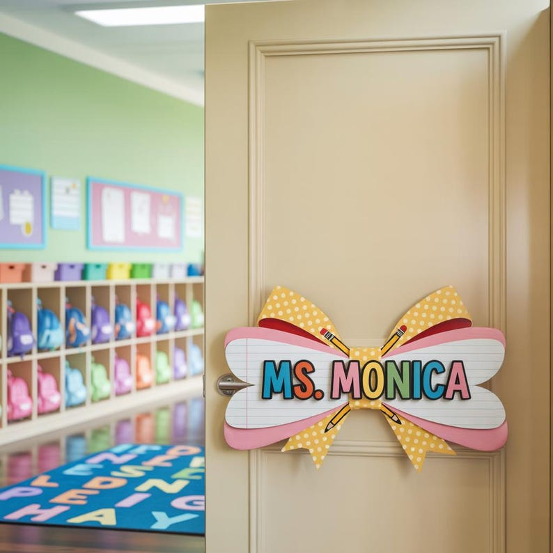 Personalized Teacher 3D Door Hanger, Coquette Teacher Bow Sign, Teacher Appreciation, Classroom Welcome Sign