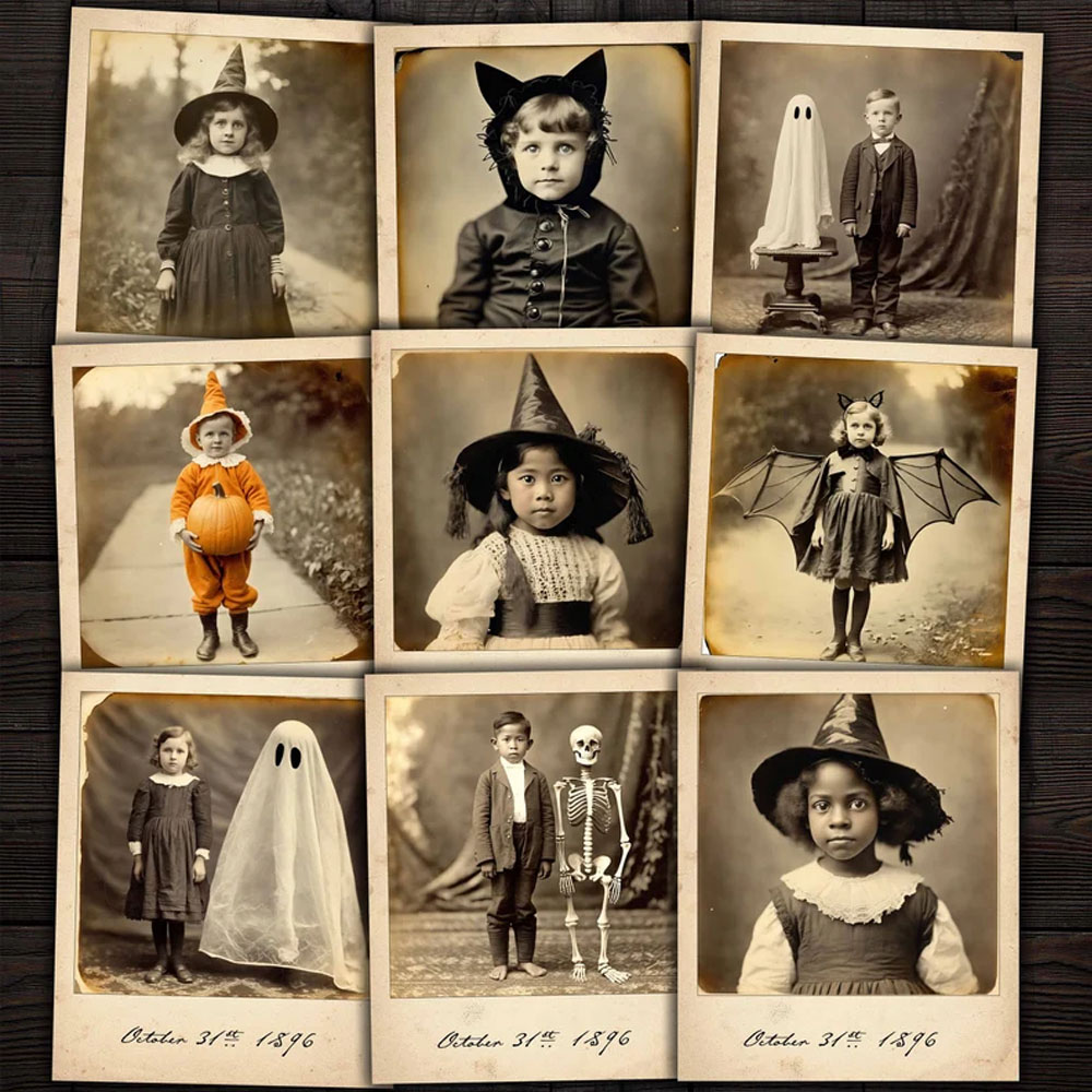 Personalized Halloween Vintage Photographs Set of 4, Ephemera for Journals Photo, Home Decor, Print Spooky Halloween Photos, Halloween Gifts for Kids