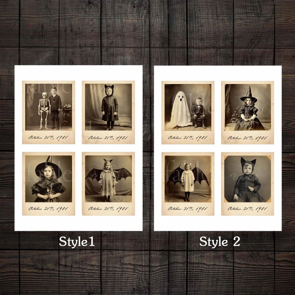 Personalized Halloween Vintage Photographs Set of 4, Ephemera for Journals Photo, Home Decor, Print Spooky Halloween Photos, Halloween Gifts for Kids