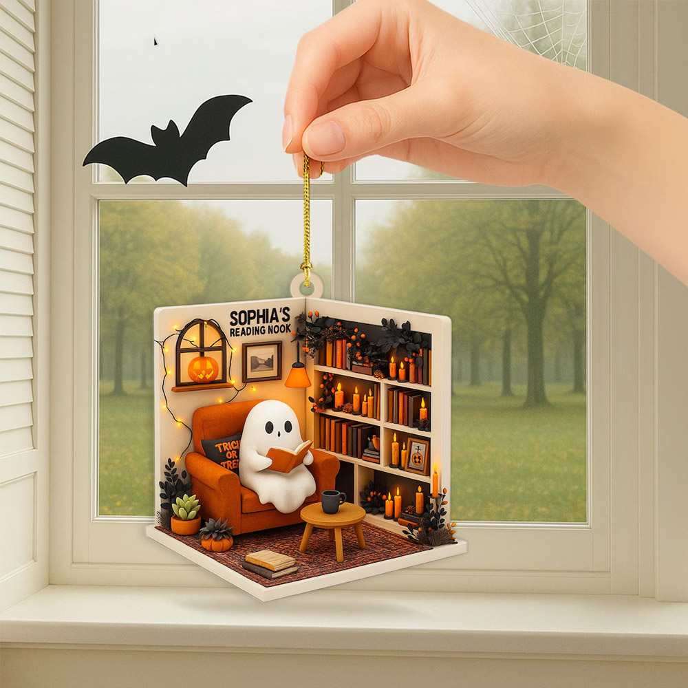 Custom Name Reading Ghost Nook 2D Flat Ornament, Acrylic/Wooden Christmas Tree Hanging Decor, Halloween/Christmas Gift for Bookworms/Family/Friends