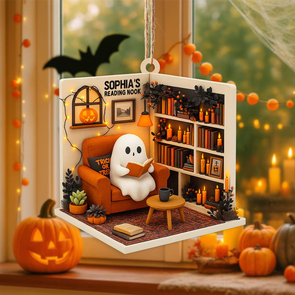 Custom Name Reading Ghost Nook 2D Flat Ornament, Acrylic/Wooden Christmas Tree Hanging Decor, Halloween/Christmas Gift for Bookworms/Family/Friends