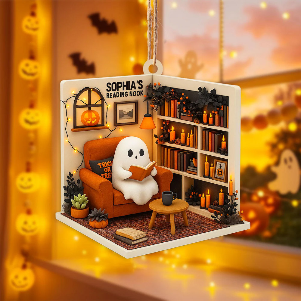 Custom Name Reading Ghost Nook 2D Flat Ornament, Acrylic/Wooden Christmas Tree Hanging Decor, Halloween/Christmas Gift for Bookworms/Family/Friends