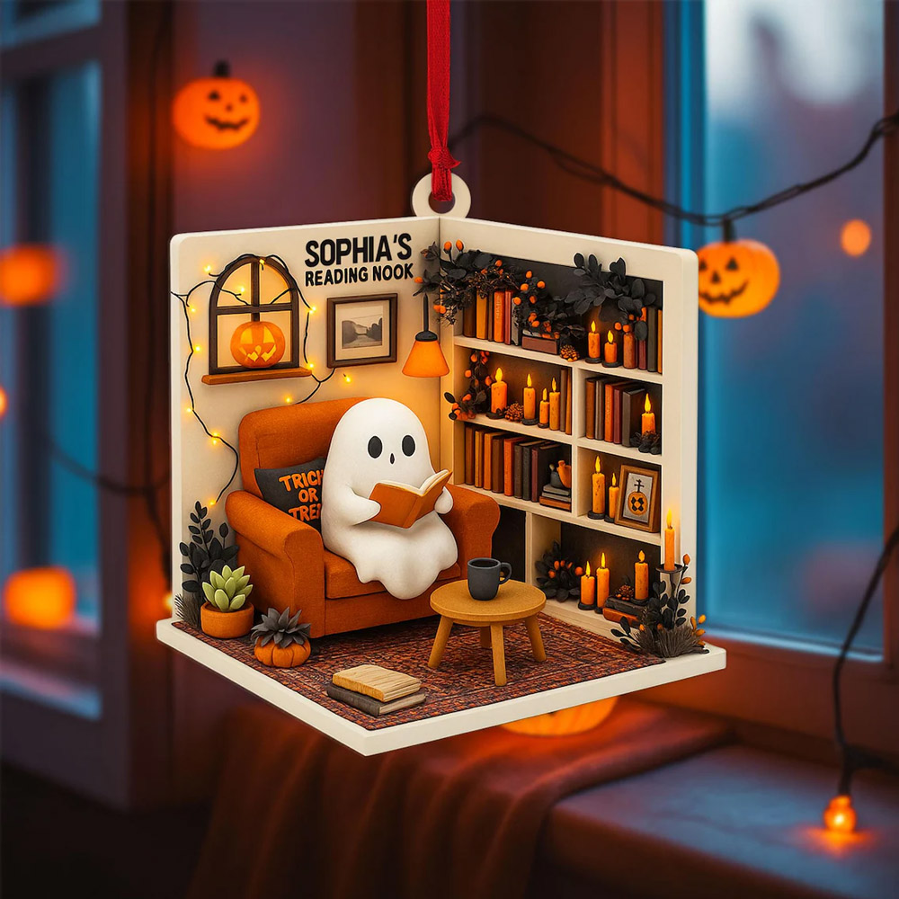 Custom Name Reading Ghost Nook 2D Flat Ornament, Acrylic/Wooden Christmas Tree Hanging Decor, Halloween/Christmas Gift for Bookworms/Family/Friends