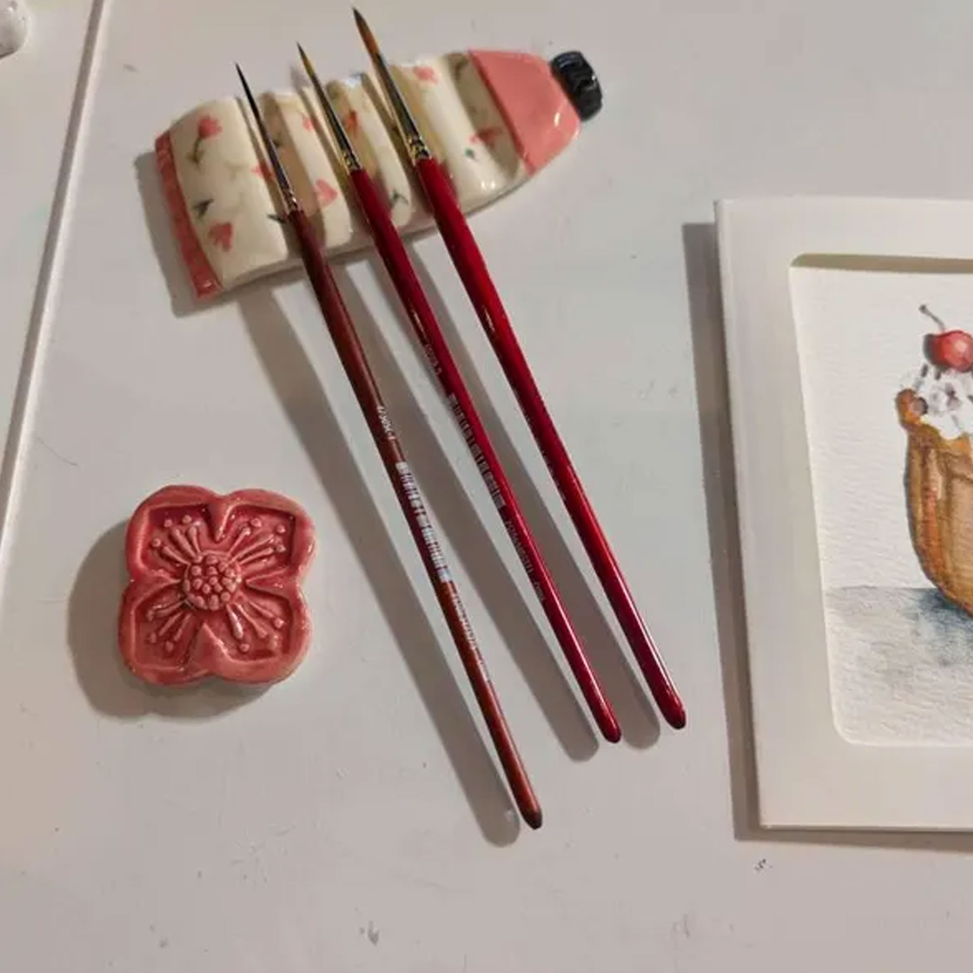 Tiny Flower Imitation Paint Tube Brush Rest, Handcrafted Ceramic Paint Brush Holder, Water Color Pottery Decor, Gift for Artists/Craft Lovers/Her