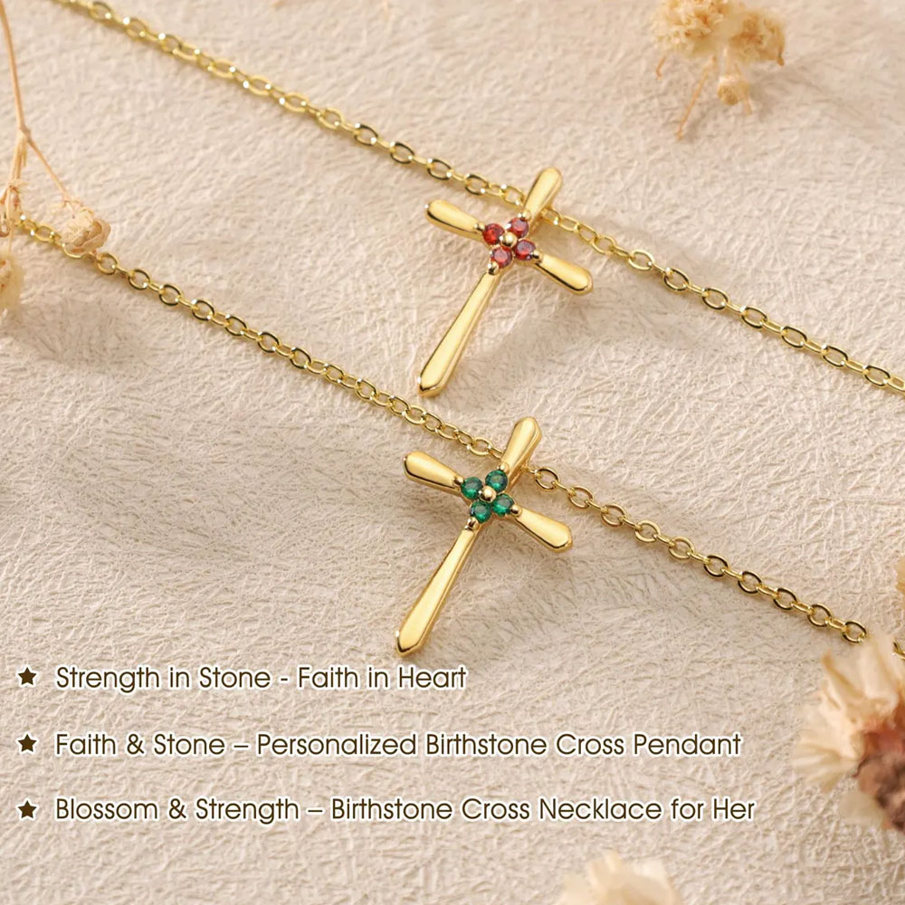 Personalized Cross Necklace with Birthstone, Minimalist Christian Lucky Jewelry, First Communion/Birthday/Wedding Gift for Women/Girls/Bridesmaids