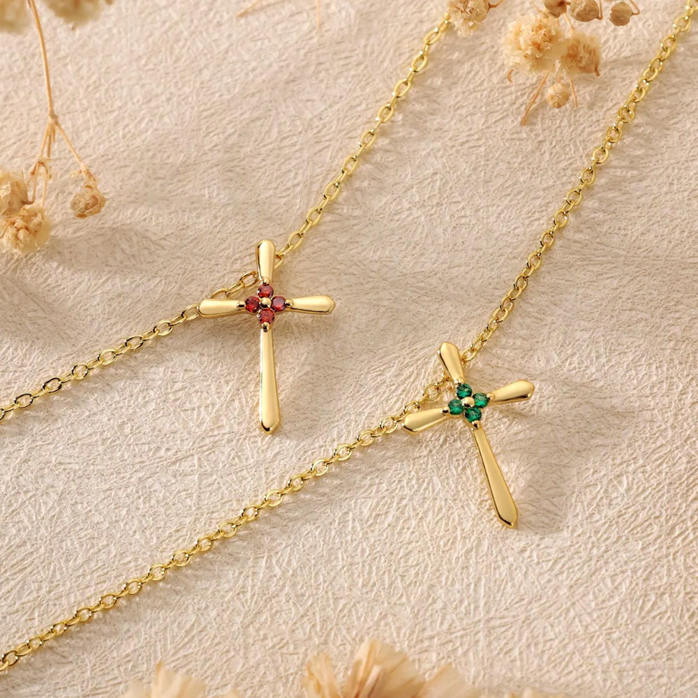 Personalized Cross Necklace with Birthstone, Minimalist Christian Lucky Jewelry, First Communion/Birthday/Wedding Gift for Women/Girls/Bridesmaids