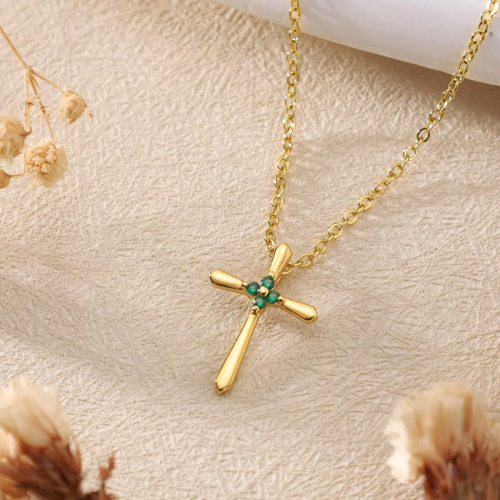 Personalized Cross Necklace with Birthstone, Minimalist Christian Lucky Jewelry, First Communion/Birthday/Wedding Gift for Women/Girls/Bridesmaids