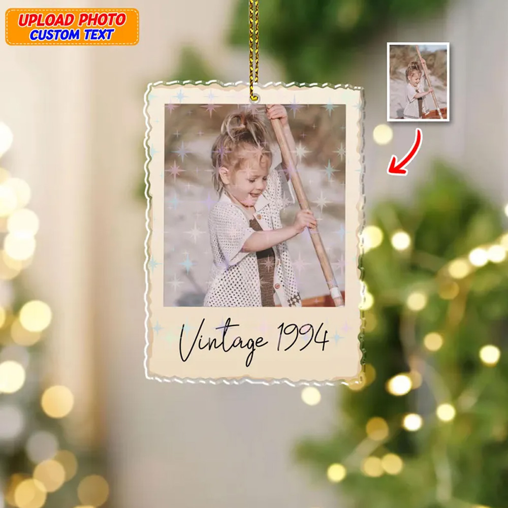 Personalized Photo Christmas Vintage Ornament with Text, Retro 90s Style Ornament with Lanyard, Christmas Tree Decor, Christmas Gift for Family/Kids