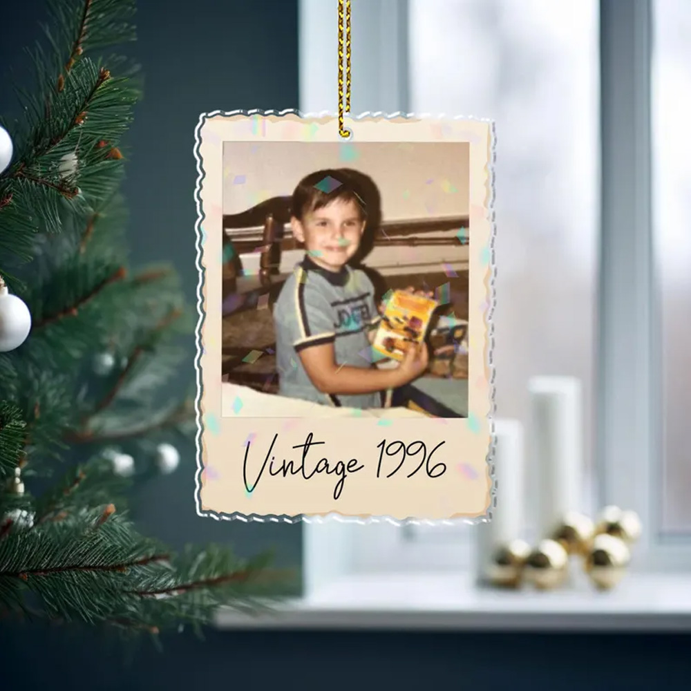 Personalized Photo Christmas Vintage Ornament with Text, Retro 90s Style Ornament with Lanyard, Christmas Tree Decor, Christmas Gift for Family/Kids