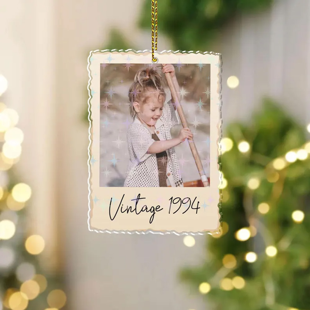 Personalized Photo Christmas Vintage Ornament with Text, Retro 90s Style Ornament with Lanyard, Christmas Tree Decor, Christmas Gift for Family/Kids