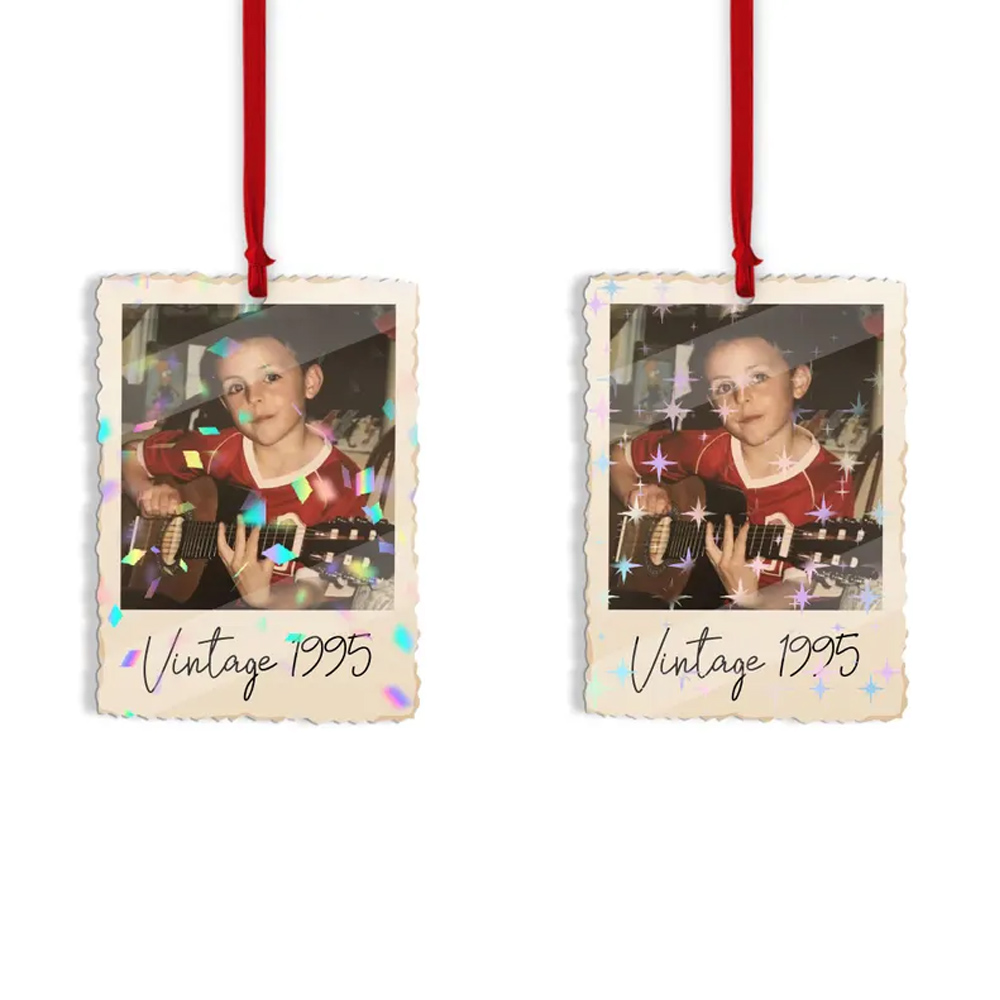 Personalized Photo Christmas Vintage Ornament with Text, Retro 90s Style Ornament with Lanyard, Christmas Tree Decor, Christmas Gift for Family/Kids