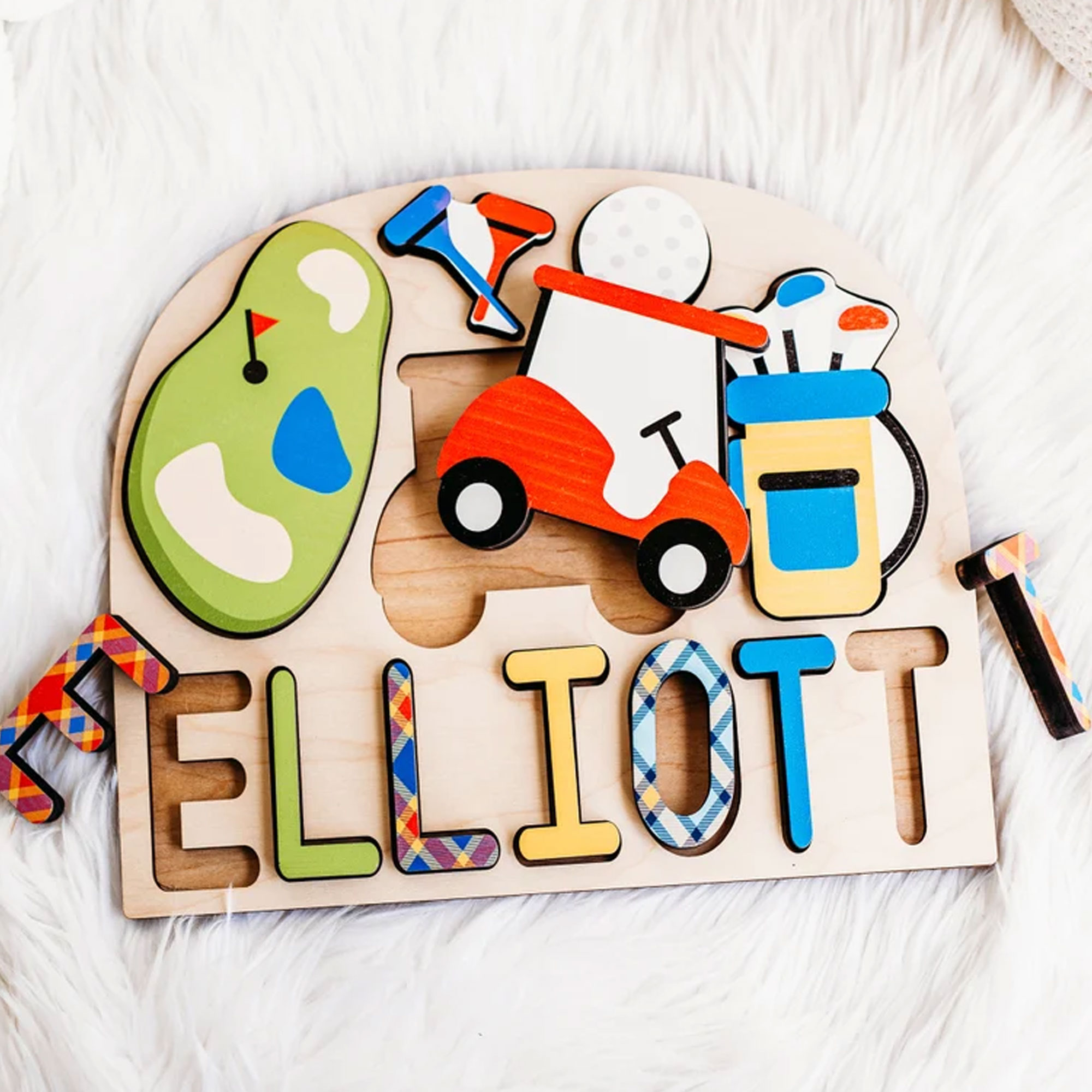 Custom Name Cartoon Golf Themed Puzzle, Wooden Putting Green/Golf Club/Golf Cart Puzzle, Baby Shower/Birthday Gift for Kids/Toddlers/Golf Lovers