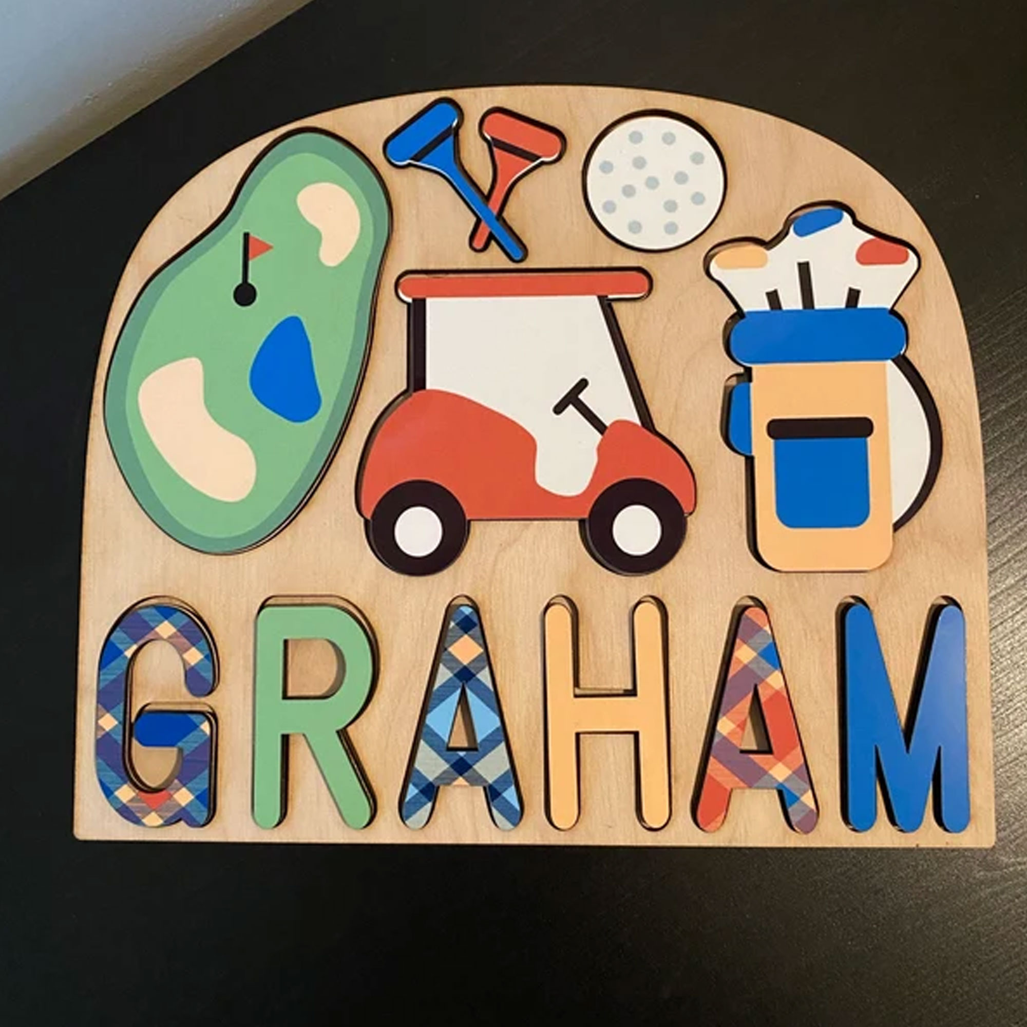 Custom Name Cartoon Golf Themed Puzzle, Wooden Putting Green/Golf Club/Golf Cart Puzzle, Baby Shower/Birthday Gift for Kids/Toddlers/Golf Lovers