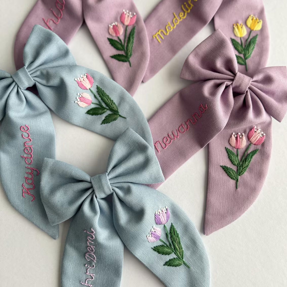 Personalized Embroidered Name Tulip Flower Hair Bow, Colorful Hair Clip, Girl Hair Accessories, Children’s Day/Birthday Gift for Girls/Kids/Friends