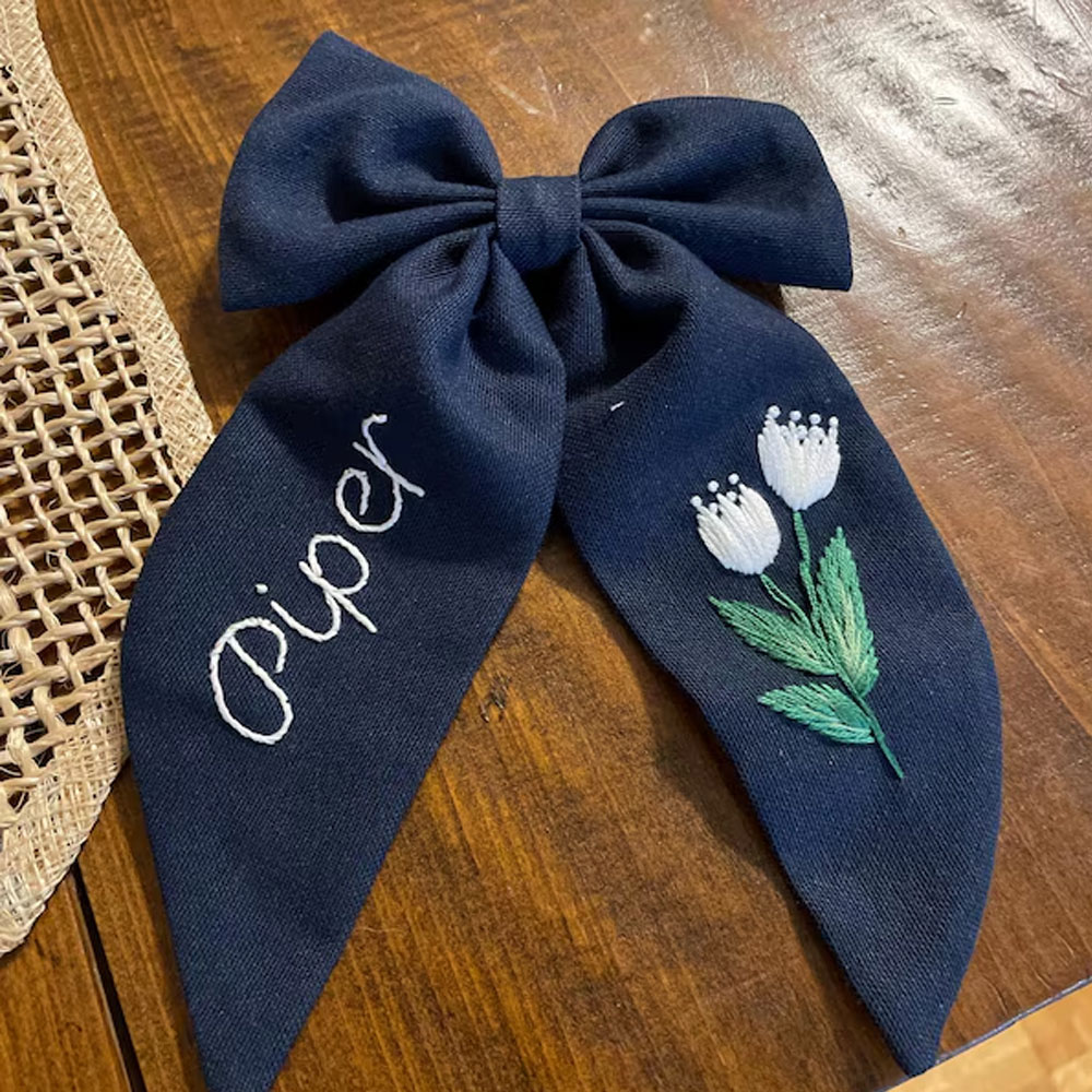 Personalized Embroidered Name Tulip Flower Hair Bow, Colorful Hair Clip, Girl Hair Accessories, Children’s Day/Birthday Gift for Girls/Kids/Friends