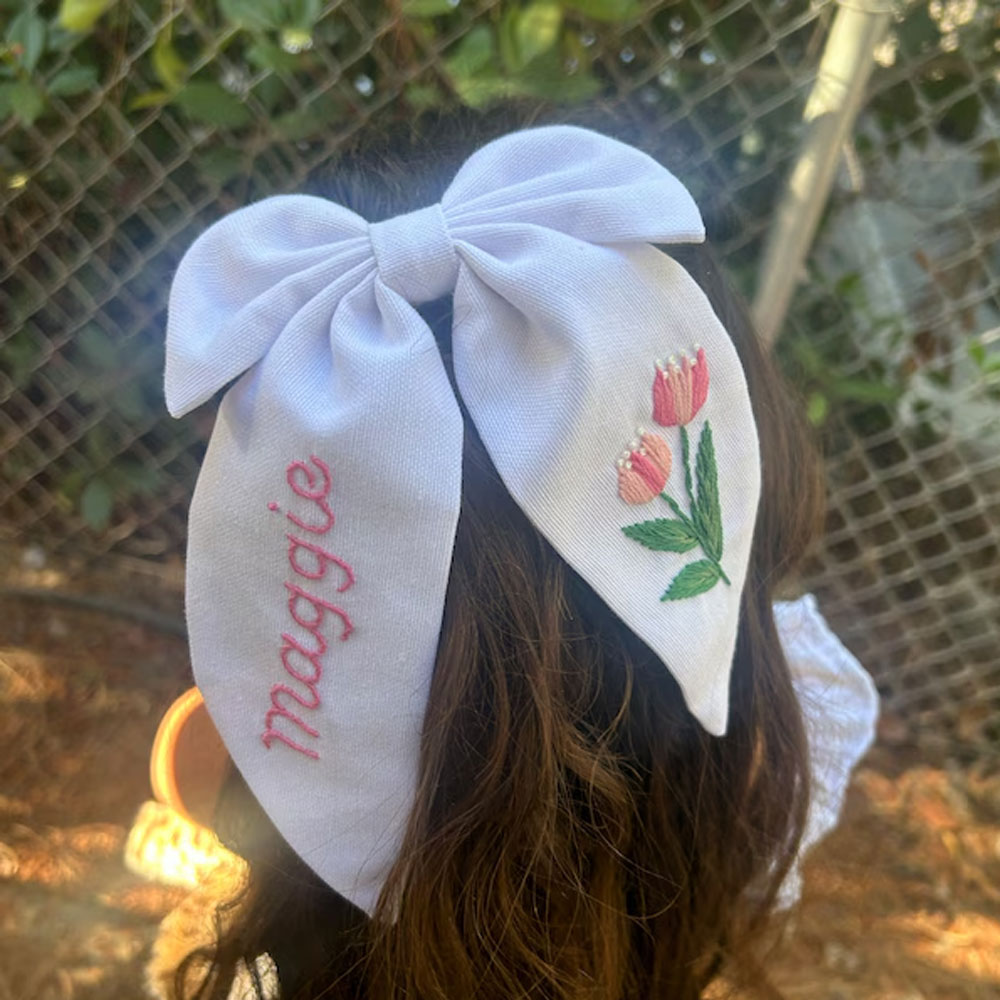 Personalized Embroidered Name Tulip Flower Hair Bow, Colorful Hair Clip, Girl Hair Accessories, Children’s Day/Birthday Gift for Girls/Kids/Friends
