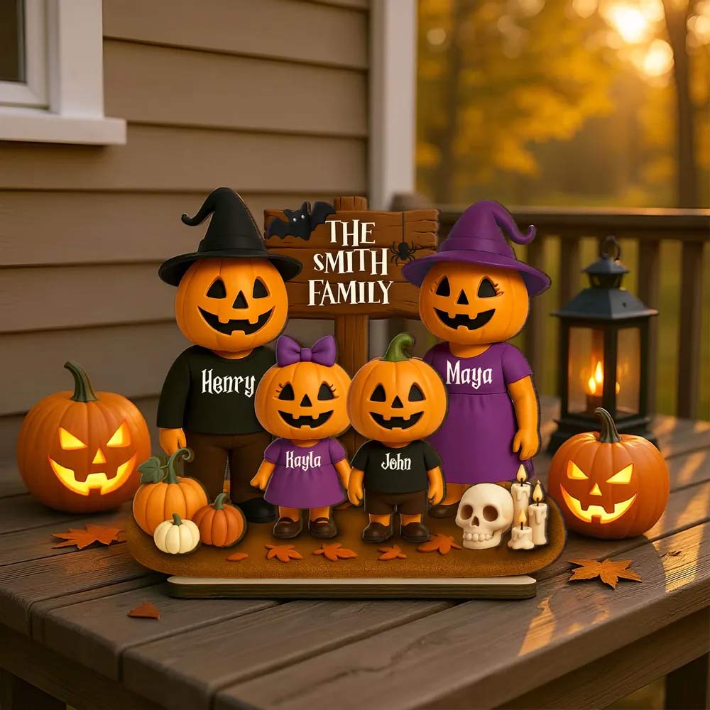 🎁 Jack O' Lantern Family 3D Effect Personalized 2-Layered Standing Wooden Plaque, Halloween Decor