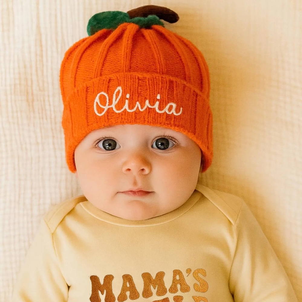Custom Embroidered Name Mama’s Little Pumpkin Baby Outfit, Soft Romper & Hat Set, Halloween Outfit, Halloween/Baby Shower Gift for Newborns/Infants