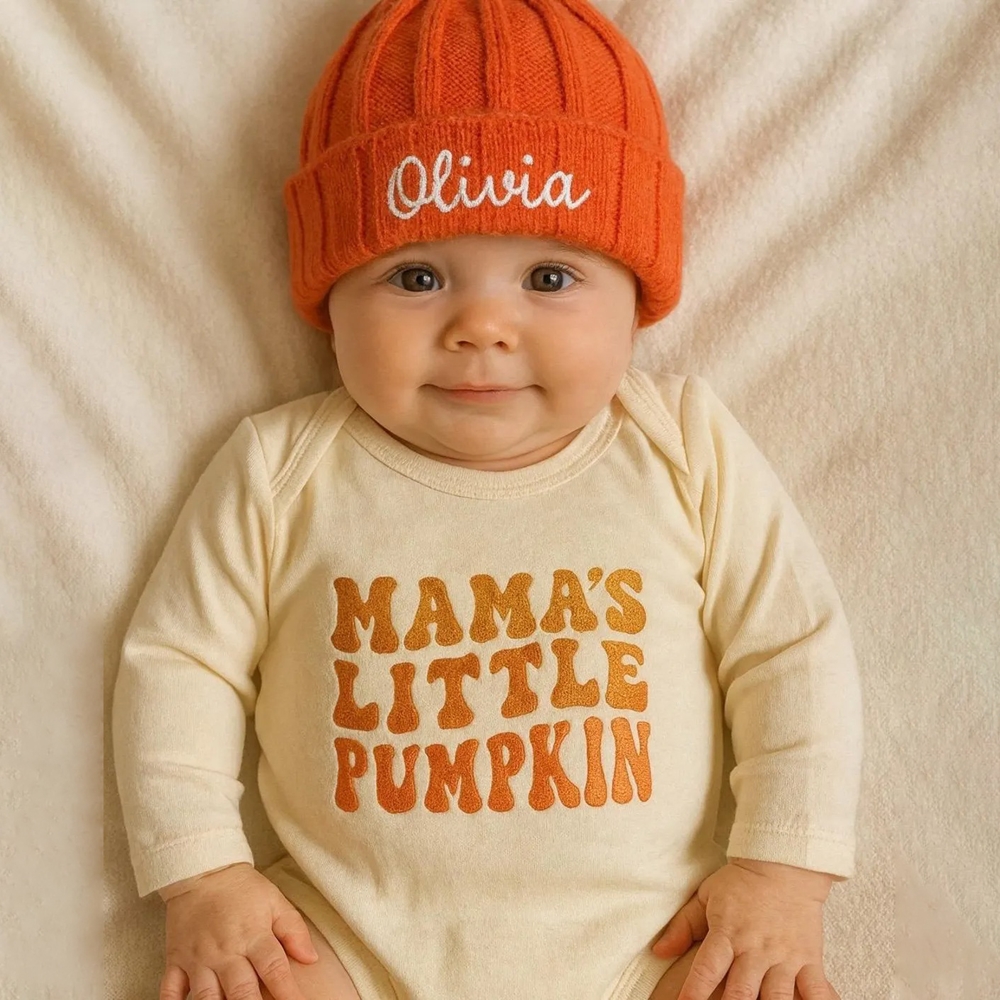 Custom Embroidered Name Mama’s Little Pumpkin Baby Outfit, Soft Romper & Hat Set, Halloween Outfit, Halloween/Baby Shower Gift for Newborns/Infants