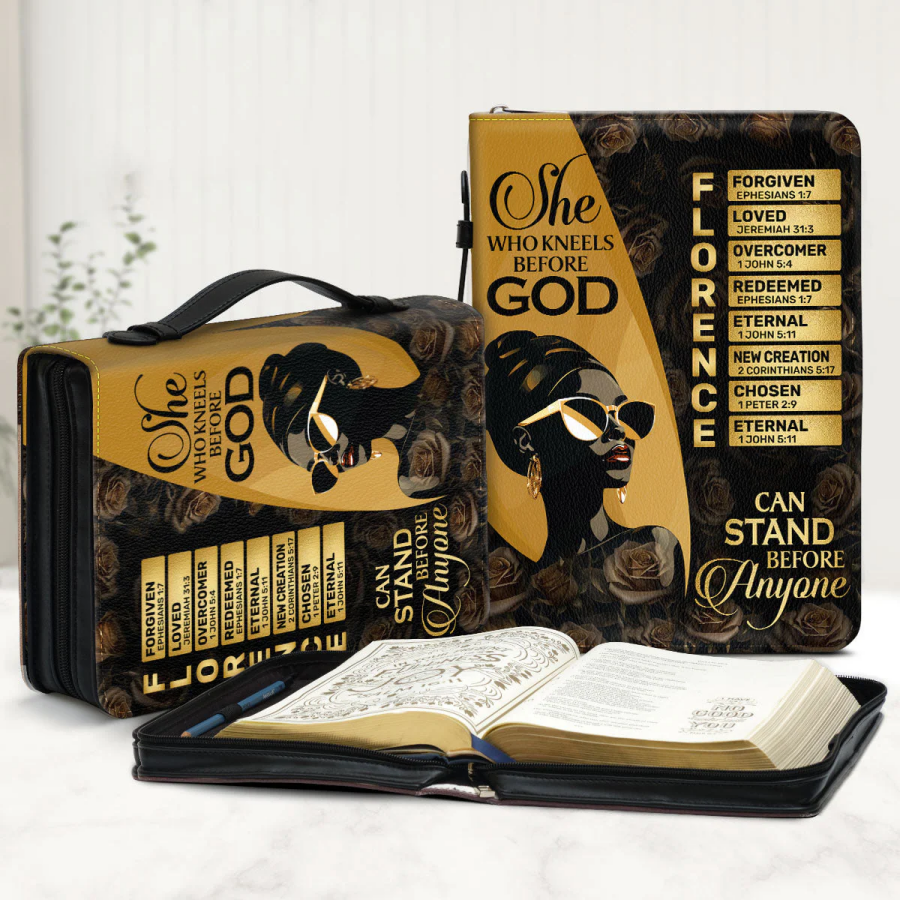 ✝️She Who Kneels Before God Can Stand Before Anyone - Personalized Bible Cover