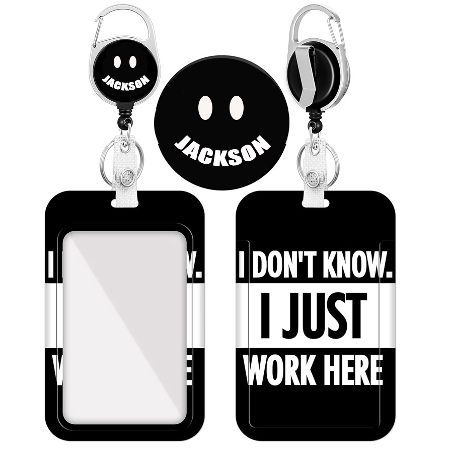 (Card holder + badge sold as a complete set)Work Here ID Badge Holder with Clip Badge Reels Retractable Heavy Duty,Keychain，ID Holder for School Nurse Office