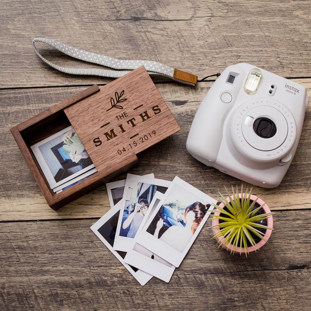 Custom Engraved Name Photo Box, Wooden Instax Mini Film Storage Box, Memory Keepsake, Anniversary/Birthday/Wedding Gift for Couple/Family/Friends