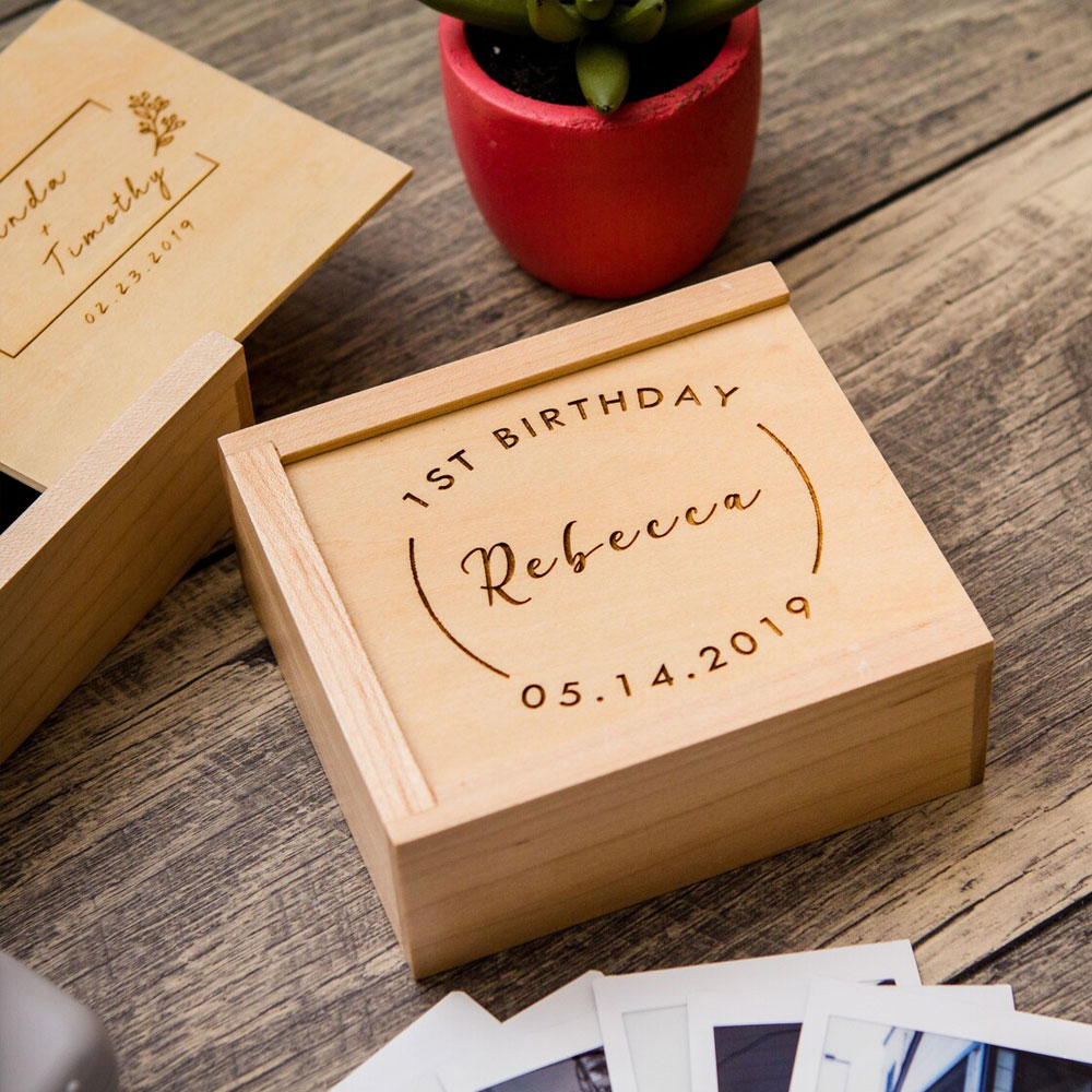 Custom Engraved Name Photo Box, Wooden Instax Mini Film Storage Box, Memory Keepsake, Anniversary/Birthday/Wedding Gift for Couple/Family/Friends