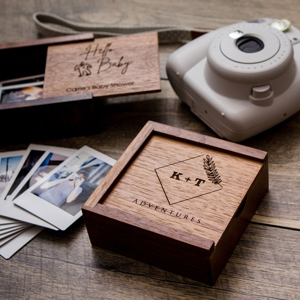 Custom Engraved Name Photo Box, Wooden Instax Mini Film Storage Box, Memory Keepsake, Anniversary/Birthday/Wedding Gift for Couple/Family/Friends