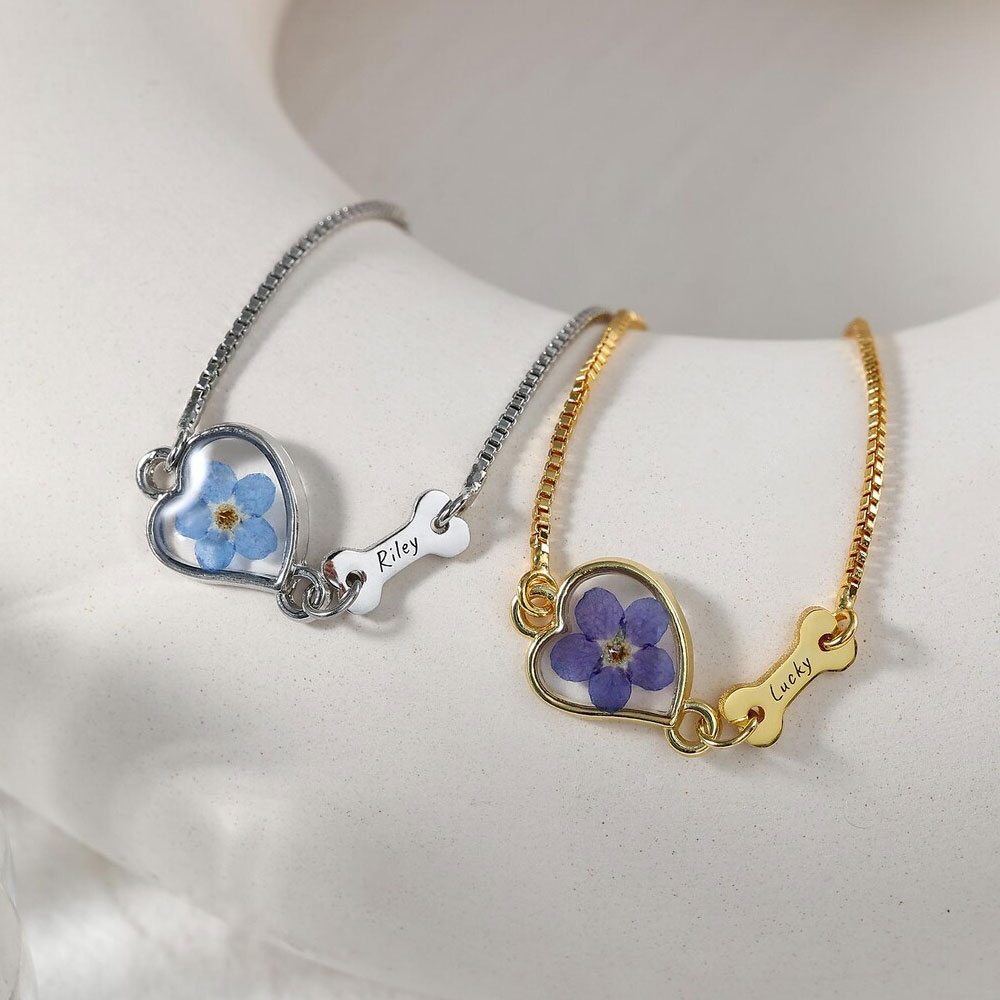 Custom Engraved Name Forget Me Not Flower Bracelet, Sterling Silver 925 Adjustable Bracelet, Pet Loss Keepsake, Sympathy Gift for Pet Loss/Pet Lovers