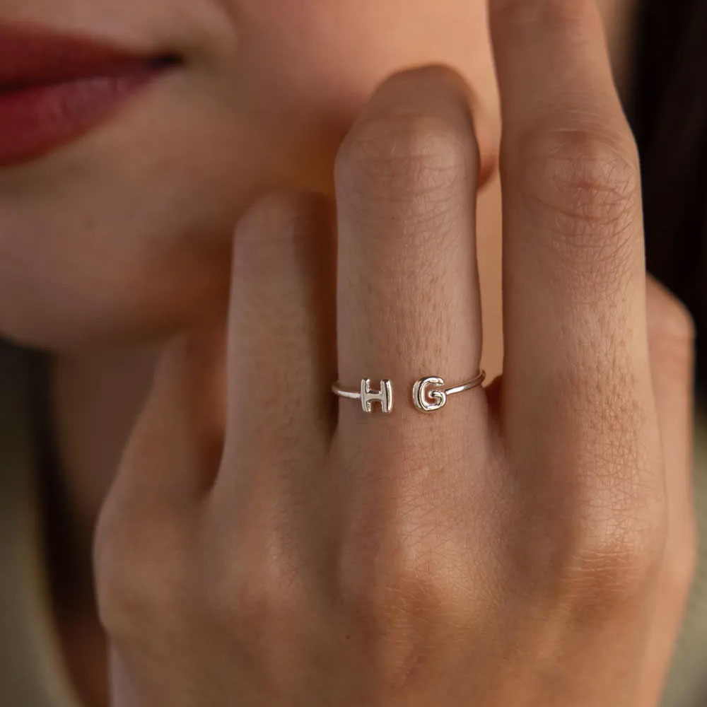 Personalized Double 3D Balloon Letters Ring, Sterling Silver 925 Dainty Duo Bubble Initial Ring, Valentine's Day/Anniversary Gift for Him/Her/Couple