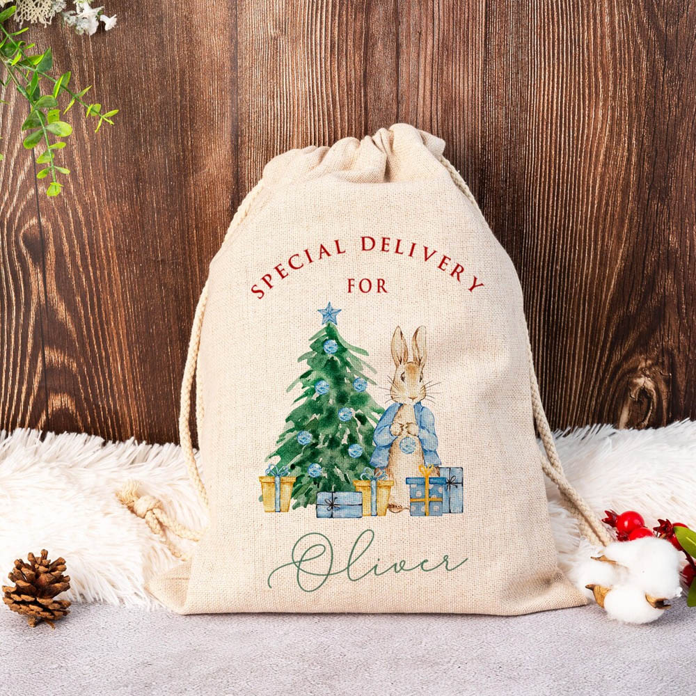 Custom Name Peter Rabbit/Collie Christmas Gift Bag, Cartoon Christmas Tree Santa Sack with Drawstring, Holiday Favors, Christmas Gift for Kids/Family