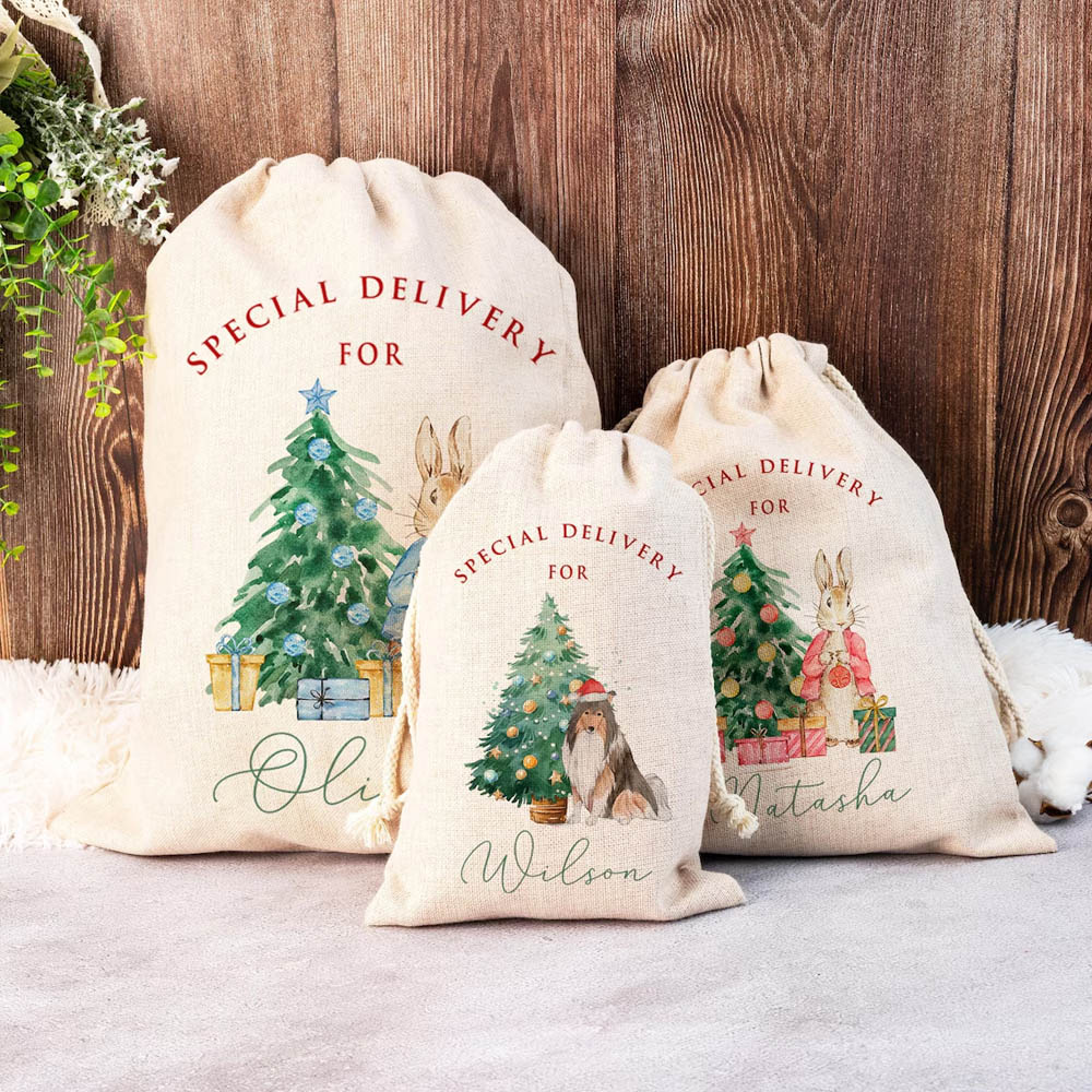 Custom Name Peter Rabbit/Collie Christmas Gift Bag, Cartoon Christmas Tree Santa Sack with Drawstring, Holiday Favors, Christmas Gift for Kids/Family