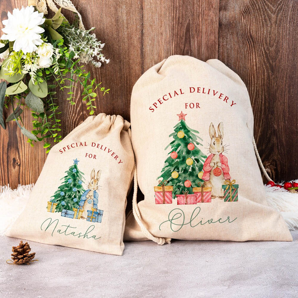 Custom Name Peter Rabbit/Collie Christmas Gift Bag, Cartoon Christmas Tree Santa Sack with Drawstring, Holiday Favors, Christmas Gift for Kids/Family