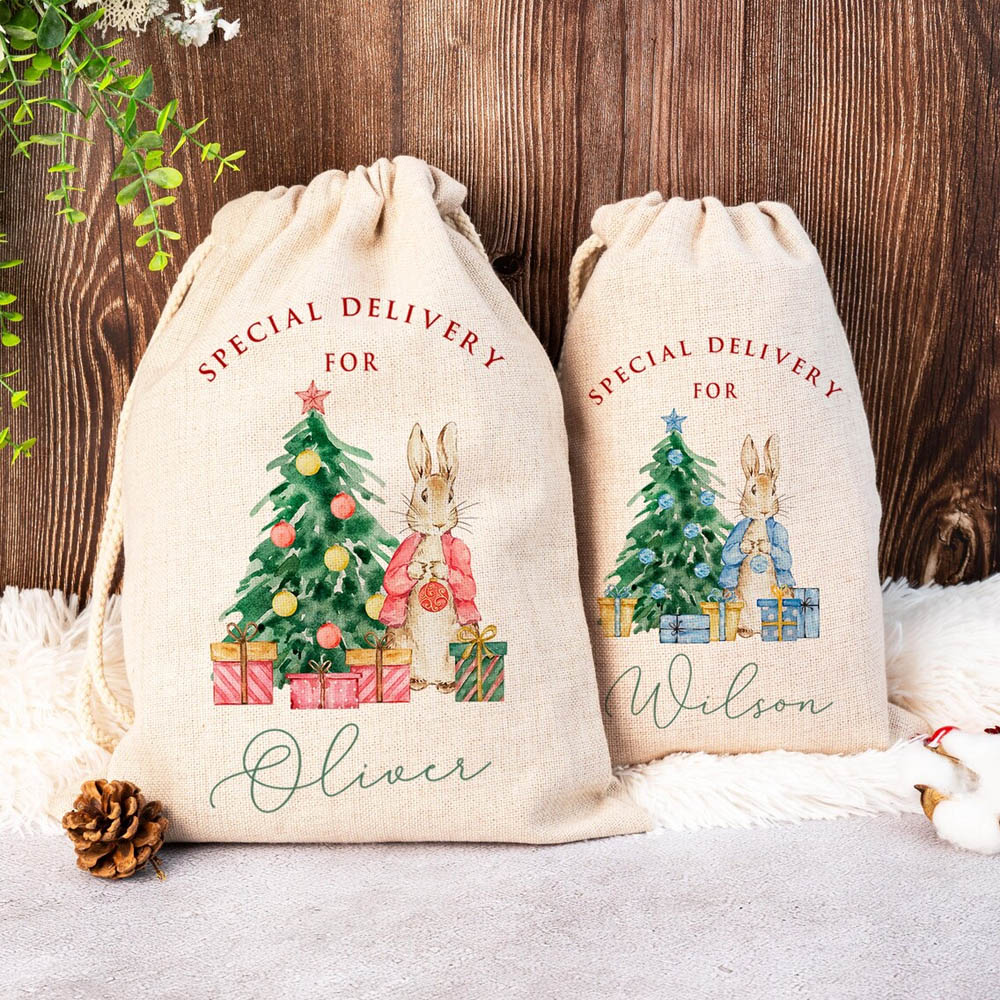 Custom Name Peter Rabbit/Collie Christmas Gift Bag, Cartoon Christmas Tree Santa Sack with Drawstring, Holiday Favors, Christmas Gift for Kids/Family