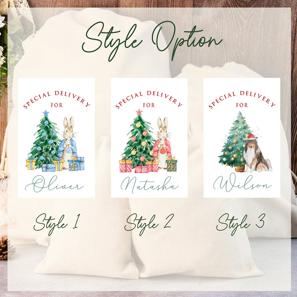 Custom Name Peter Rabbit/Collie Christmas Gift Bag, Cartoon Christmas Tree Santa Sack with Drawstring, Holiday Favors, Christmas Gift for Kids/Family