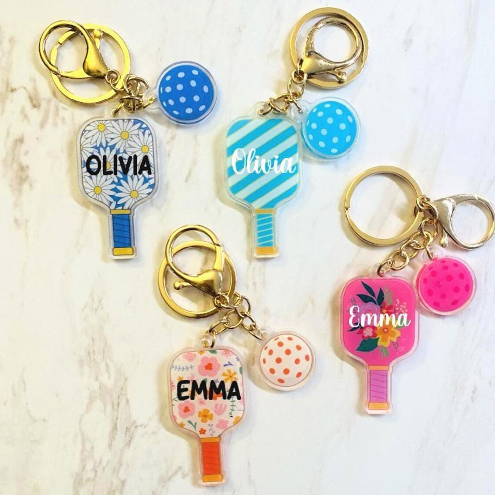 Personalized Pickleball Racket Keychain with Name, Acrylic Colorful Bag Charm, Sport Accessories, Birthday Gift for Pickleball Lovers/Players/Coaches