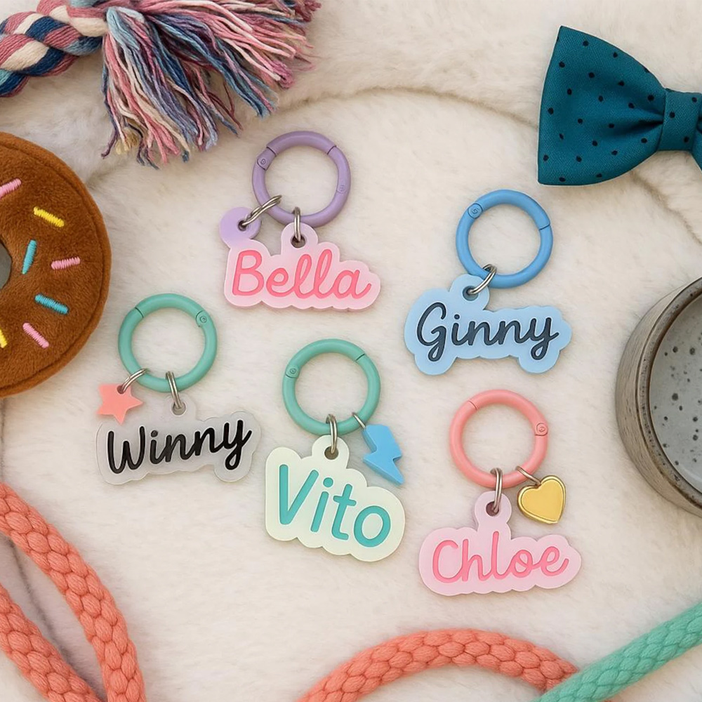 Personalized Acrylic Pet Name Tag with Charm, Custom Colorful Dog/Cat ID Tag with Cute Pendant, Pet Collar Charm, Gift for Dog Mom/Dad/Pet Owners