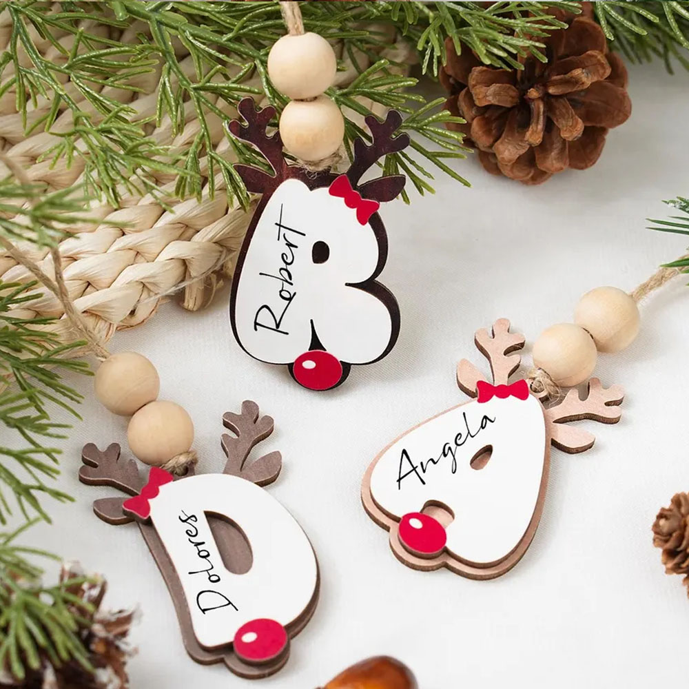 Custom Name & Alphabet Reindeer Christmas Ornament, Wooden Stocking Letter Tag, Christmas Tree Hanging Decor, Christmas Gift for Family/Kids/Boys