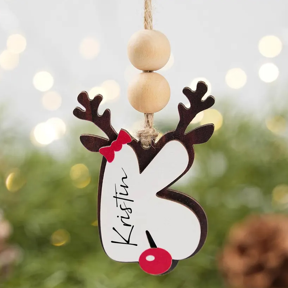 Custom Name & Alphabet Reindeer Christmas Ornament, Wooden Stocking Letter Tag, Christmas Tree Hanging Decor, Christmas Gift for Family/Kids/Boys