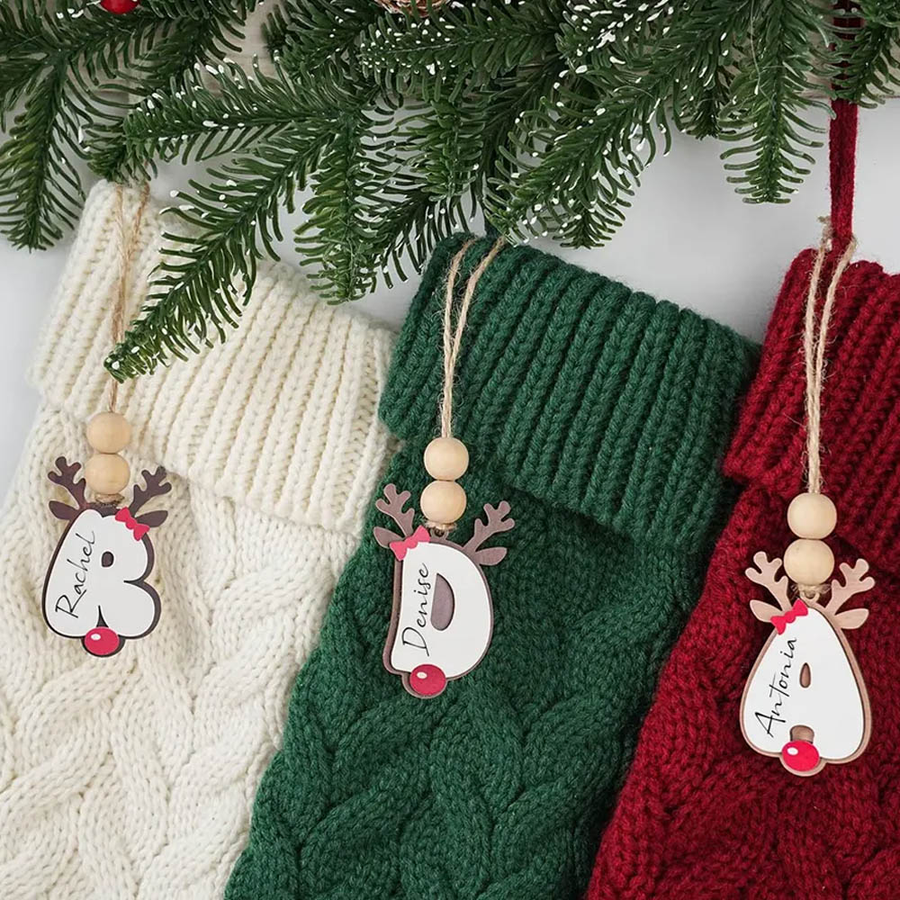Custom Name & Alphabet Reindeer Christmas Ornament, Wooden Stocking Letter Tag, Christmas Tree Hanging Decor, Christmas Gift for Family/Kids/Boys
