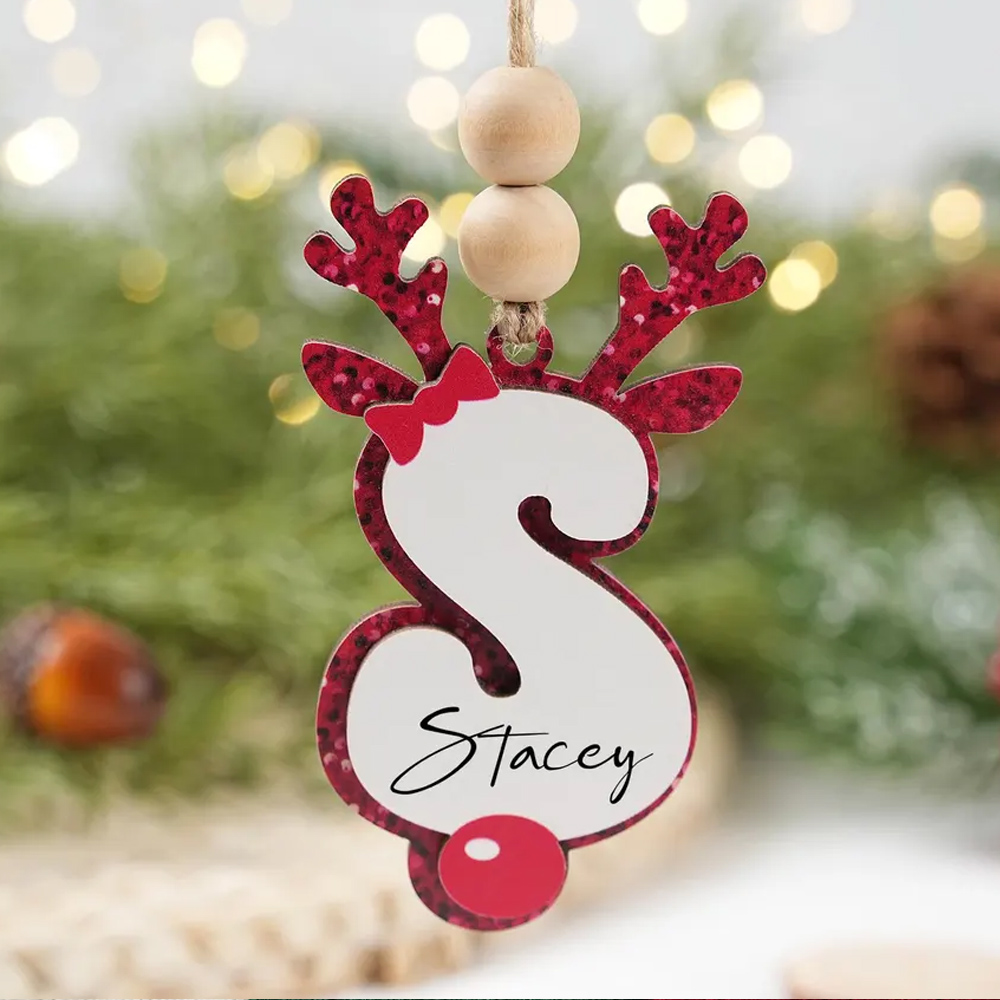 Custom Name & Alphabet Reindeer Christmas Ornament, Wooden Stocking Letter Tag, Christmas Tree Hanging Decor, Christmas Gift for Family/Kids/Boys