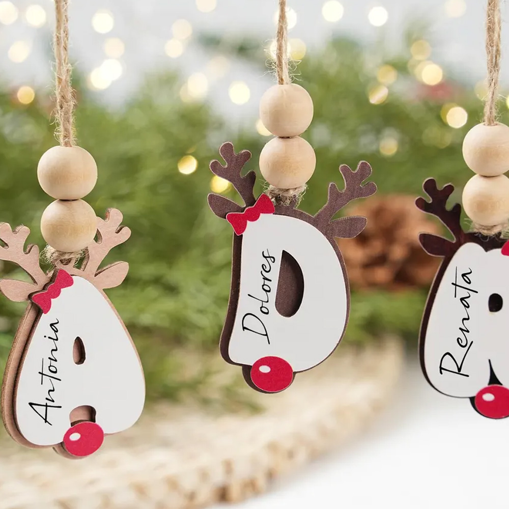 Custom Name & Alphabet Reindeer Christmas Ornament, Wooden Stocking Letter Tag, Christmas Tree Hanging Decor, Christmas Gift for Family/Kids/Boys