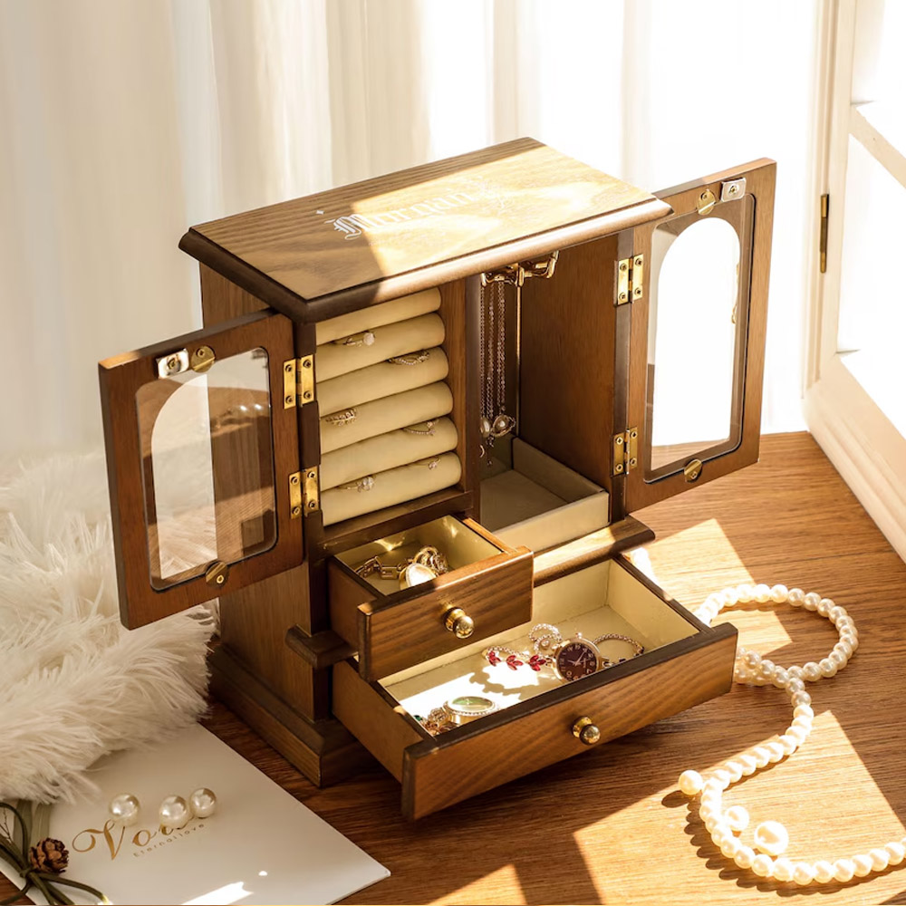 Personalized Engraved Name Mini Cabinet Jewelry Box, Walnut Vintage Jewelry Organizer Box, Christmas/Birthday/Wedding/Gift for Her/Mom/Bridesmaids