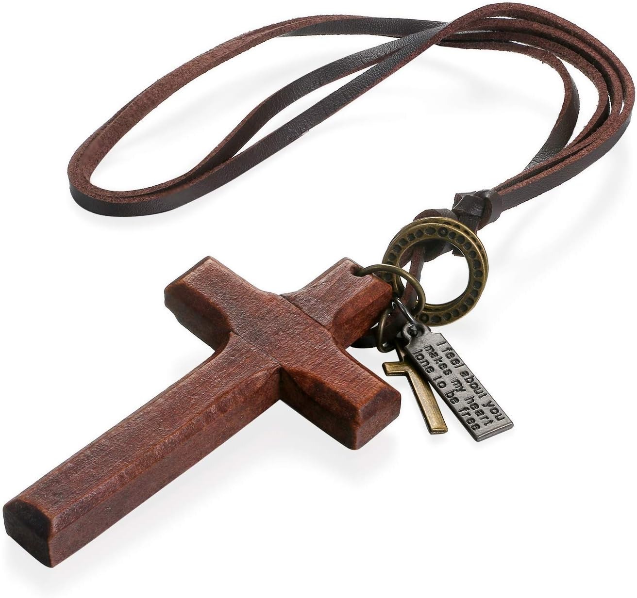 ✝️Free Personalization✝️Custom Men's Women's Vintage Wooden Cross Pendant Necklace, Adjustable Prayer Chain, Christmas Valentine's Day, Leather Wood