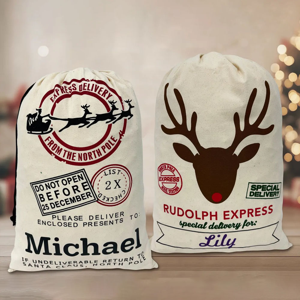 Custom Name Christmas Sack with Santa’s North Pole Stamp, Vintage Postal Theme Christmas Gift Bag with Drawstring, Christmas Gift for Kids/Family